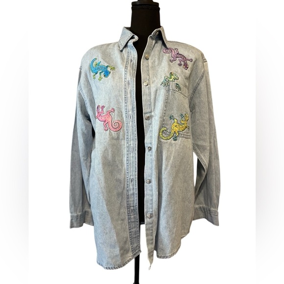 None Tops - Vintage Denim Embellished Metal buttons Shirt Colorful Lizards